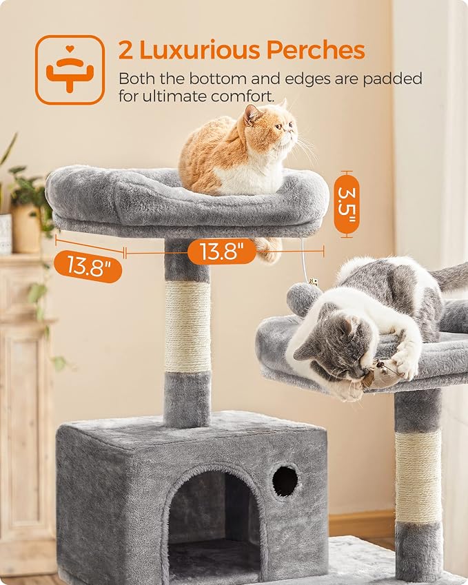 Feandrea Cat Tree, 55.8-Inch Cat Tower, Multi-Level Plush Condo with 11 Scratching Posts, 2 Perches, Hammock, Cave, Light Gray UPCT15W