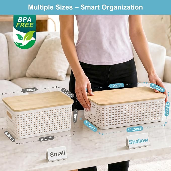 4 Pack Plastic Storage Bins with Bamboo Lids, 6.2qt Stackable Storage Organizer Box with Lable for Pantry Shelves Drawers Desktop Office, 12"L x 8.3"W x 3.5"H, Cream White