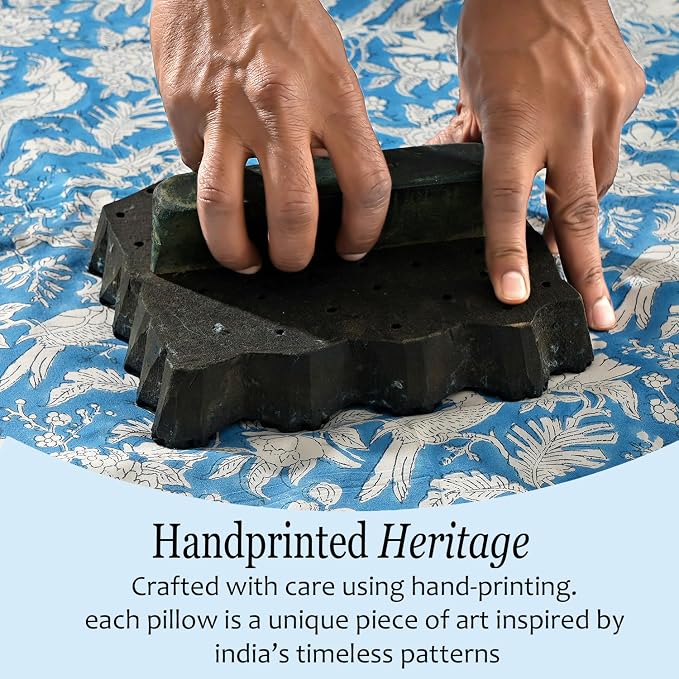 CPC Block Print Ruffle Throw Cover Blue Sapphire 24"x24" Inch Pack of 2-100% Cotton Ruffle Couch Decorative Boho Pillows Case for Living Room, Bedroom, Sofa, Farmhouse Gift for Spring, Mother's Day