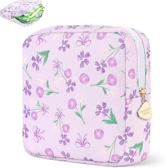 Sanitary Pad Storage Bag Portable Period Bag for Teen Pads/Sanitary Napkins/Small Tampons, Sanitary Napkin Storage Bag First Period Gifts for Teen Girls (Purple Flower Bowknot)