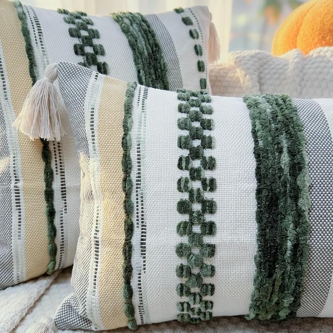 PANOD Chenille Farmhouse Throw Pillow Covers 16 x 16 Dark Green, Neutral Boucle Couch Pillow Cover, Striped Decorative Boho Coushion Cover Pillow Case for Couch Bed Sofa Bedroom,Modern Accent,Set of 2
