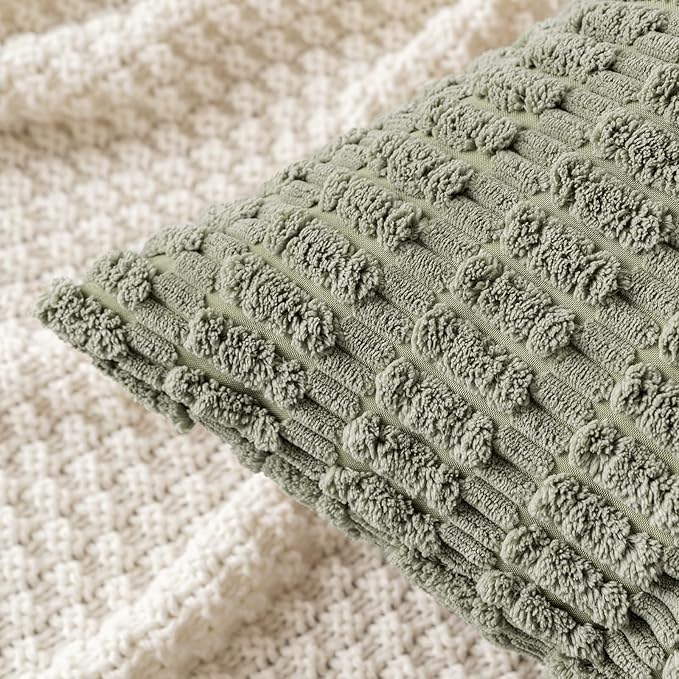 MIULEE Corduroy Decorative Throw Pillow Covers 16x16 Light Olive Pack of 2 | Green Soft Boho Striped Pillow Covers Modern Farmhouse Home Decor For Sofa Living Room Couch Bed