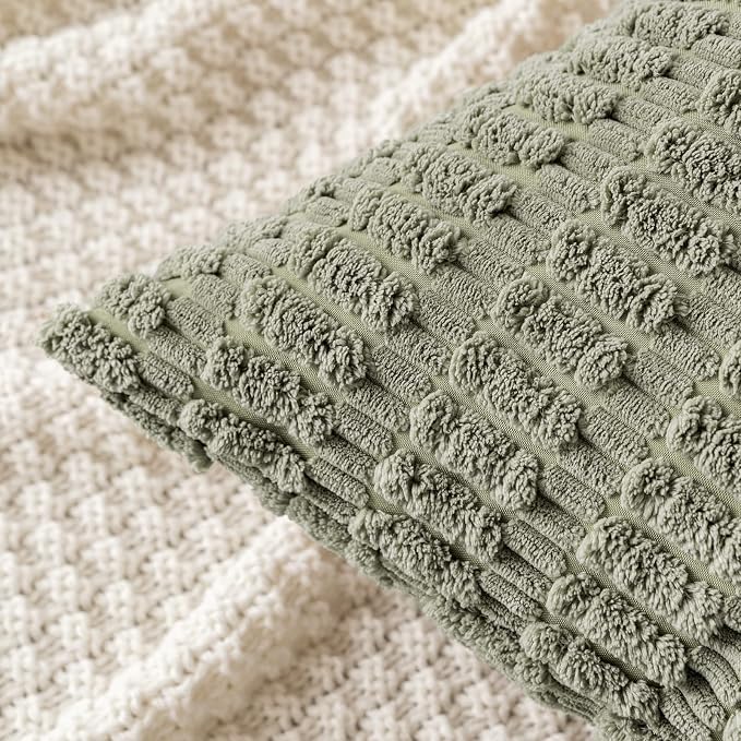 MIULEE Corduroy Decorative Throw Pillow Covers 20x20 Light Olive Pack of 2 | Green Soft Boho Striped Pillow Covers Modern Farmhouse Home Decor For Sofa Living Room Couch Bed