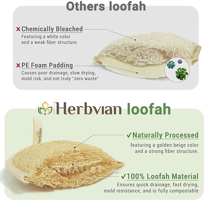 Herbvian Vietnamese Natural Loofah Exfoliating Body Scrubber Pads, 100% Plant-Based Shower Luffa Sponge, Bath Loofah for Women Men, 2-Pack