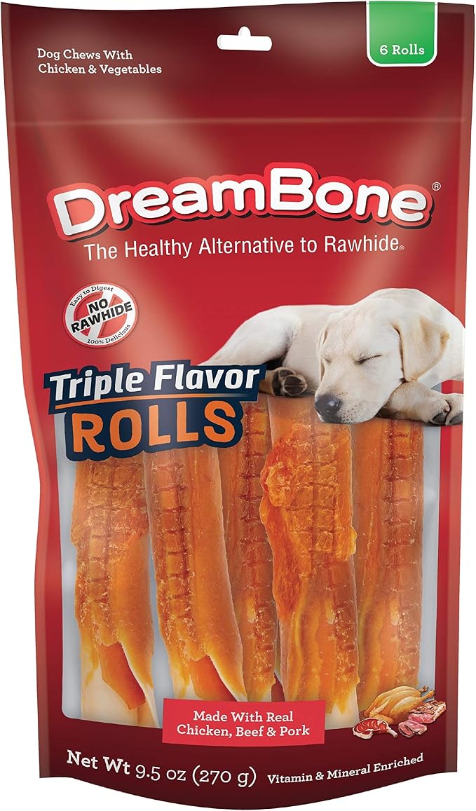 DreamBone Rolls Rawhide-Free Dog Treats with Real Protein, 6 Count | Daily Chew, Digests Safely and Completely, Made With Real Chicken, Beef, Pork and Veggies, For Adult Dogs