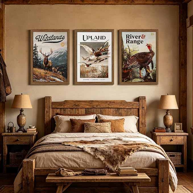 Hunting Wall Art Decor Deer Wildlife Prints Cabin Vintage Duck Pictures | Hunting Room Canvas Decor Rustic Animal Posters Fishing Mallard Duck Painting for Farmhouse Bedroom 12x16 Inch Framed 3Pcs