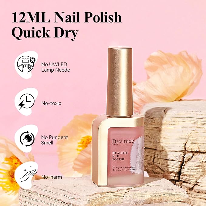 Quick Dry Nail Polish 12ML, Sheer Pink Regular Color Nail Polish Water Based Holographic High Coverage Nail Lacquer Natural Nail Art No Required UV LED for Valentine's Day Gift