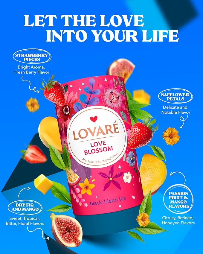 LOVARE Love Blossom Loose Leaf Tea 80 g - Black tea blend, Made in Ukraine - Dry Fig, Mango, and Strawberry Pieces, Safflower Petals, Passion Fruit & Mango Flavors - Tea Lovers Gift Box with 15 Paper Filters (Love Blossom)