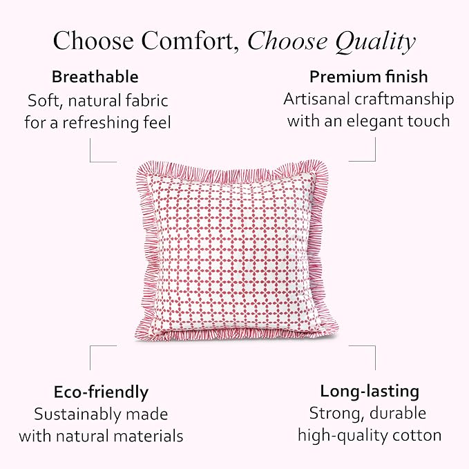 CPC Magenta Pink Hand Block Print 100% Cotton Ruffle Throw Pillow Cover 24x24 inch with Hidden Zipper Decorative for Couch, Bed, Sofa, Farmhouse, Cottagecore Decor Gift Christmas Fall Thanksgiving
