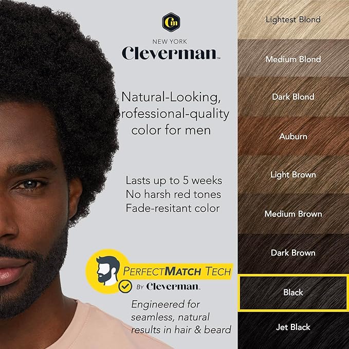 2X Reusable Hair & Beard Dye for Black Men – Black | Up to 10 Uses, 7 Minutes | Natural Gray Coverage, No-Drip Cream with SkinArmour® – Cleverman