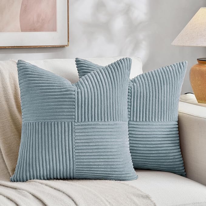 Fancy Homi Set of 1 Light Blue Square Decorative Throw Pillow Covers 20x20 Inch for Living Room Bedroom Couch Bed Sofa, Soft Striped Corduroy Modern Rectangle Accent Cushion Case 50x50 cm