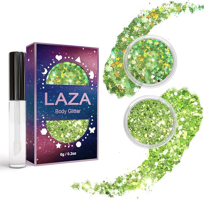 Laza 2 Jars St. Patrick’s Day Body Glitter Iridescent Chunky Sequins with Glitter Glue Women Eyeshadow Makeup Face Paint Festival Rave Outfits Hair Accessories Carnival Brat Party Costumes-Lime Summer