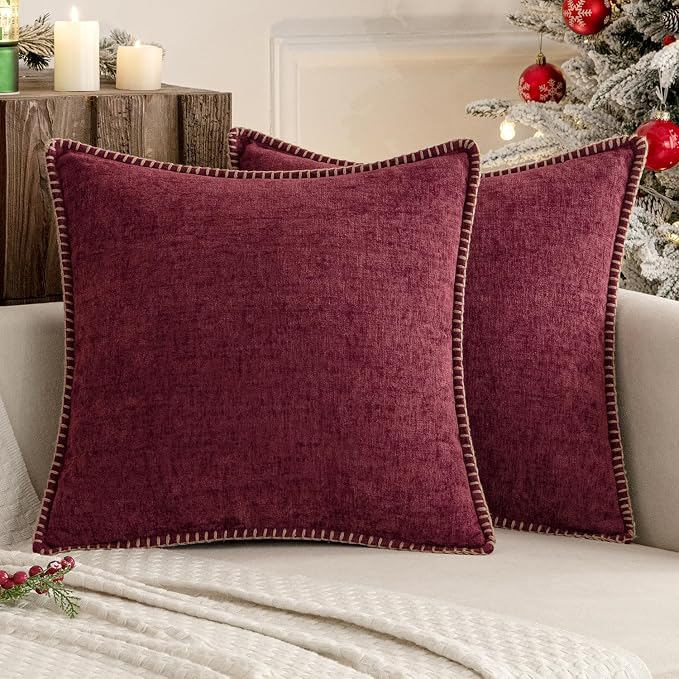 MIULEE Decorative Couch Throw Pillow Covers 20x20 Inch Burgundy Red 2 Pack | Farmhouse Pillow Covers with Stitched Edge, Soft Chenille Cushion Cases, for Sofa Bed Living Room Home Decor