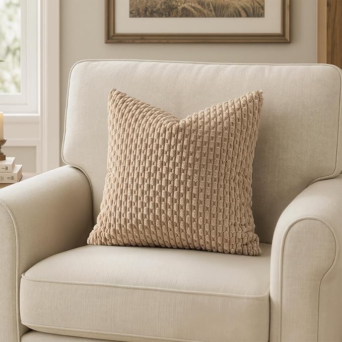 MIULEE Decorative Throw Pillow Covers 20x20 Neutral Tan Textured Corduroy | Pack of 2 Striped Pillow Covers Modern Farmhouse Fall Home Decor for Couch Bed Sofa Living Room