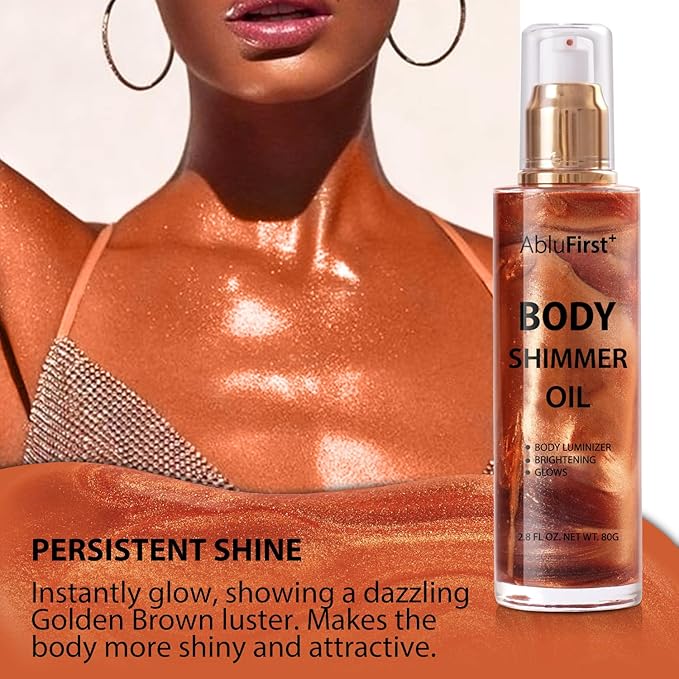 Shimmer Body Oil 4 Colors Face Glitter Summer Body Makeup Moisturizing Light Shimmering Glow Non-Sticky Party Luminizer and Illuminator Smooth (2.8 Fl Oz Pack of 1, Golden Brown)