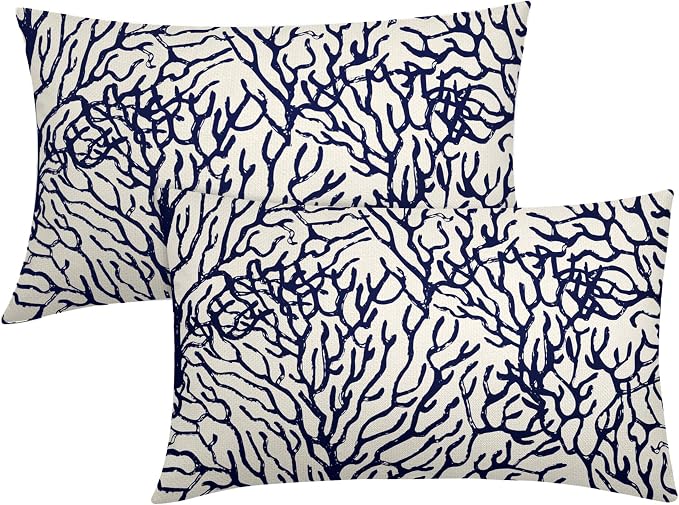 Nautical Coastal Coral Lumbar Pillow Covers 12x20 Inch Set of 2 Summer Ocean Beach White Blue Decorative Pillow Cases Outdoor Linen Cushion Cover Farmhouse Decor for Bedroom Home Sofa Couch Bed