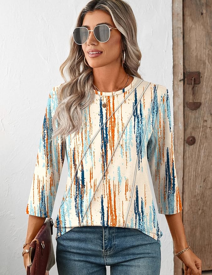 LOMON 3/4 Length Sleeve Womens Tops Spring Summer Fashion 2026 Tops Crew Neck Pleated Shirts Tunic Top Loose Fit