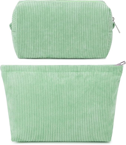 SOIDRAM 2 Pcs Corduroy Makeup Bag Large Cosmetic Bag Toiletry Bag Makeup Pouch Travel Bag Organizer Cute Makeup Brushes Aesthetic Accessories Storage Bag for Women Green