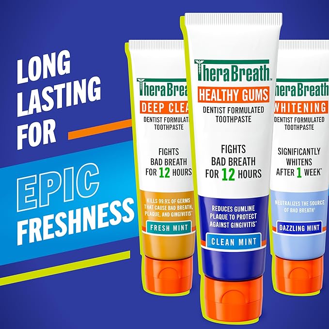 TheraBreath Healthy Gums Toothpaste, Fights Bad Breath for 12 Hours, with Stannous Fluoride for Anticavity & Gingivitis Protection, Clean Mint, 4 Oz, 2-Pack