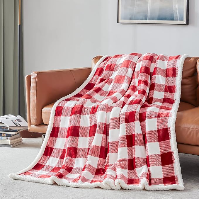 Sherpa Red and White Buffalo Plaid Christmas Twin Blanket 60" X 70", Fuzzy Fluffy Soft Cozy Blankets, Fleece Flannel Plush Microfiber Throw for Couch Bed Sofa (Red and White)