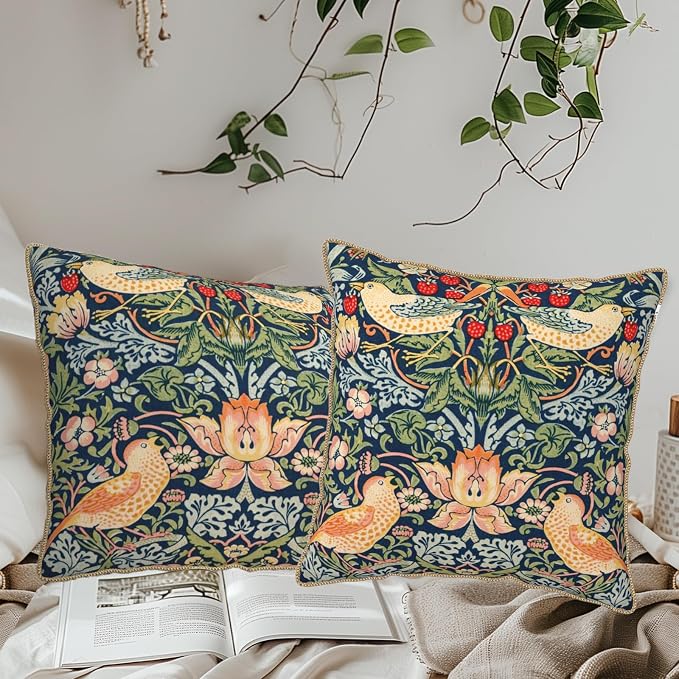 KSLIDS Navy Blue Sage Green Soft Velvet Throw Pillow Covers Set of 2 Red Strawberry Floral Bird Decorative Pillow Covers 20x20 Inch Vintage Chinoiserie Pillow Case for Sofa Couch Farmhouse Home Decor