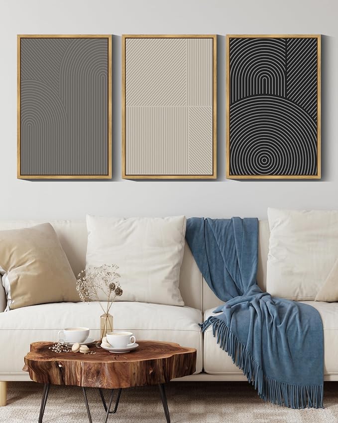 Drsoum Mid-Century Modern Framed Wall Art Large 16x24in Minimalist Abstract Boho Neutral Line Wall Decor Geometric Artwork Kitchen Dining Room Natural Framed