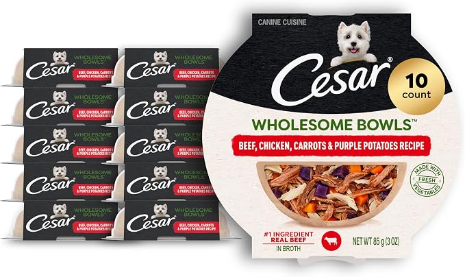 Cesar Wholesome Bowls Wet Dog Food, Beef & Purple Potatoes, 3 oz, 10 Count | Real beef #1 ingredient, slow-cooked, no by-products or artificial flavors, 10 key ingredients, easy to digest