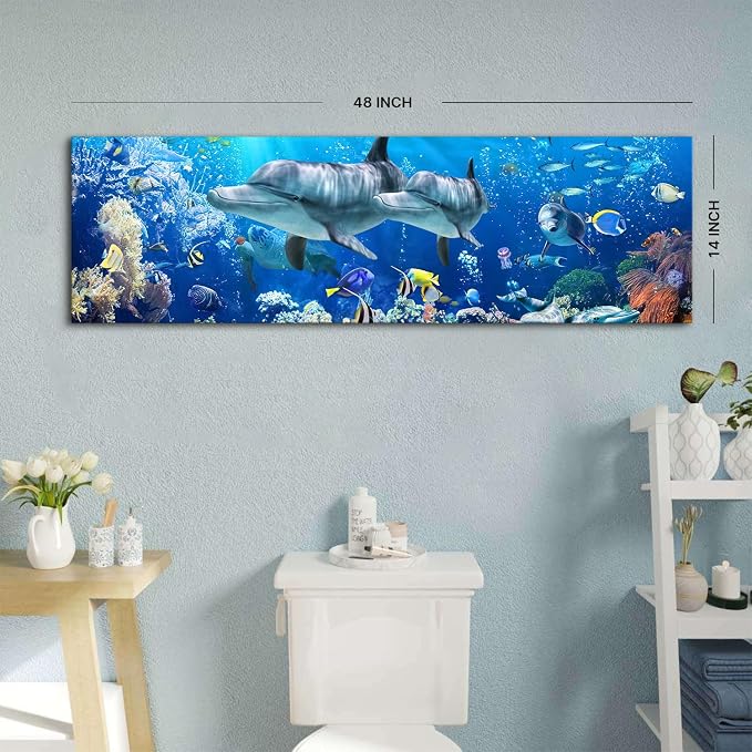 Large Dolphin Wall Art for Bathroom Nautical Theme Picture Ocean Coastal Room Decor Nature Blue Seascape Painting Prints Under The Sea World Landscape Poster Artwork Living Room Decorations 14x48"