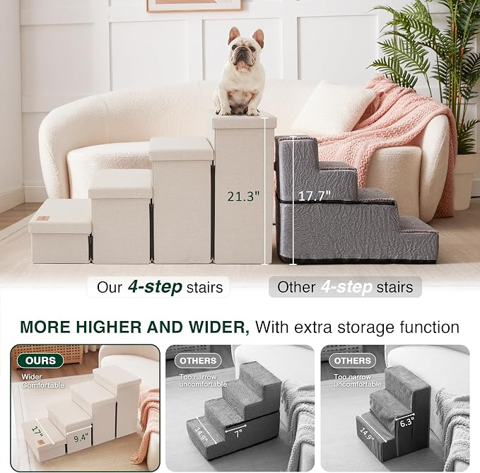 Love's cabin Dog Stairs for High Bed, Foldable Pet Stairs for Small Medium or Large Dogs Puppy with Storage for Bed or Couch, Cat Dog Steps Ramp with Zip up to 200 lbs, Beige, 4 Steps