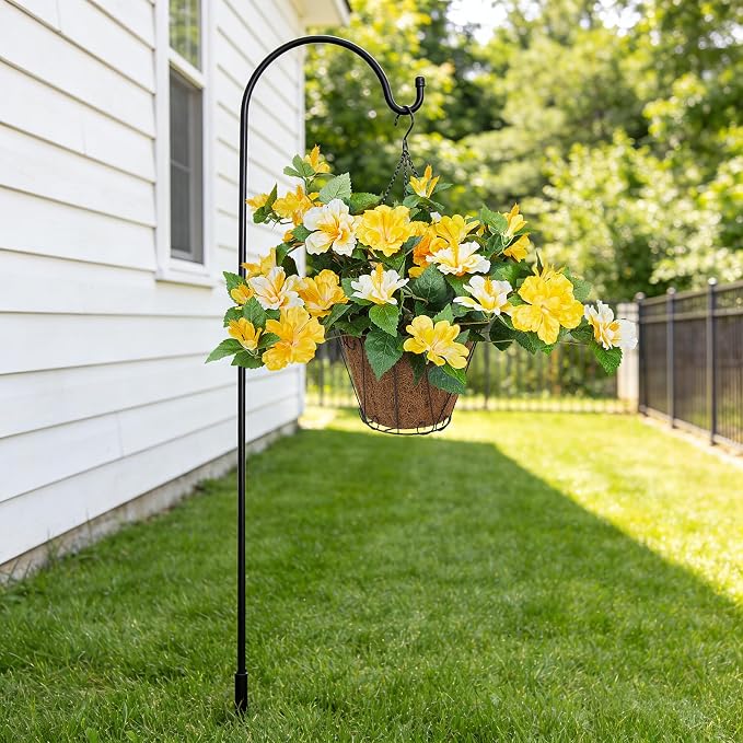 INXUGAO Artificial Flowers for Outdoors Indoors,2 Bunches Fake Hibiscus with Realistic UV Resistant Silk Flower Fabric Leaves,Faux Plants Outside for Home Patio Garden Yard Poch Decor(Yellow,White)