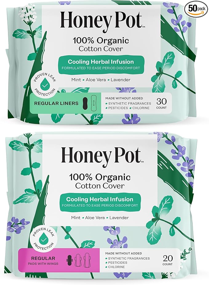 The Honey Pot Company - Herbal Pads for Women - Regular & Everyday Liners Bundle - Infused w/Essential Oils for Cooling Effect & Cotton Cover - Sanitary Pads - Feminine Care