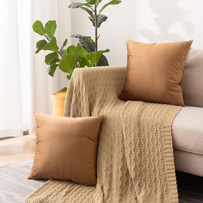 NiNi ALL Brown Velvet Throw Pillow Covers 28x28 Pack of 2 Decorative Couch | Soft Solid Boho Cushion Squar Pillow Cases for Chair Sofa Bedroom Farmhouse Living room Modern Luxury Home Decor Christmas