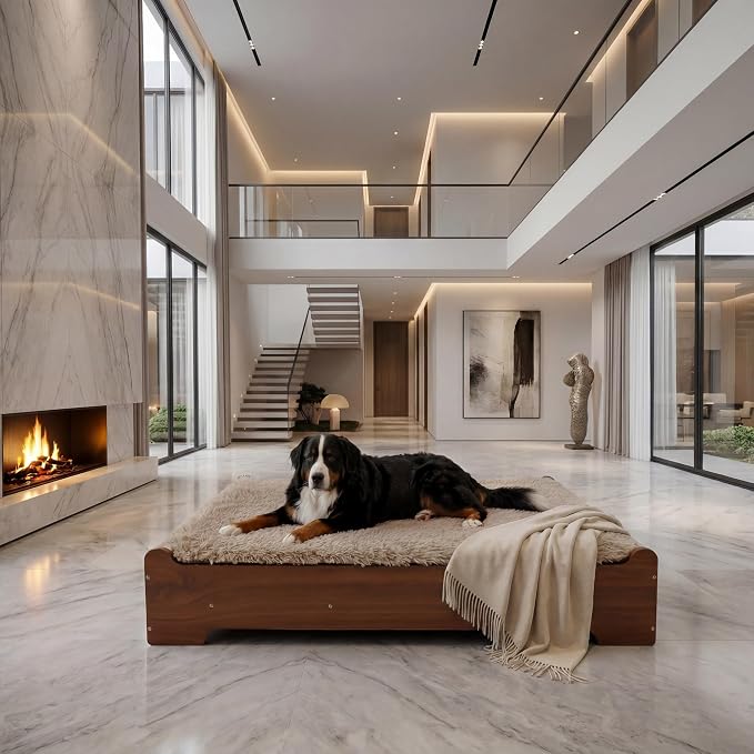 Elevated Wood Dog Bed Frame with Foam Mattress, WalnutPattern, XL | Raised Dog Bed with Washable Cover, Furniture-Style Design for Indoor Living