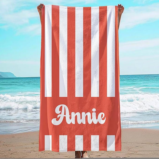 JML Personalized Beach Towel with Name, Custom Cabana Stripe Beach Towel, Customized Microfiber Pool Towel, Quick Dry & Absorbent Swim Towel for Adult,Mother's Day, Birthday, Summer Holiday,Vacation