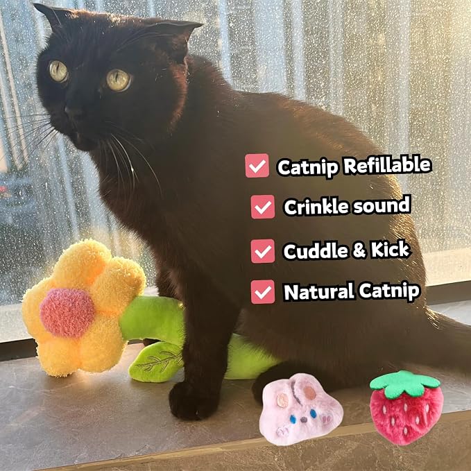CECE PAW 3 PCS Catnip Toys, Includes 6-Pack Catnip Pouches, Catnip Refillable Interactive Cat Toy with Crinkle Sound, Bunny Easter Kicker Toy for Indoor Cats, Chew, Food Puzzle for Kitten Enrichment