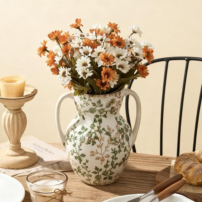 Emotionally Grounded Vase, Vaseking Large Ceramic Rustic Vase with 2 Handles, 8.3 inch Green and Beige Decorative Farmhouse Tall Vases for Home Decor, Living Room, Enterway, Table Decoration