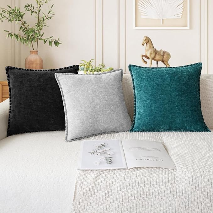 CaliTime Decorative Couch Throw Pillow Covers 24 X 24 Inches Teal | Pack of 2, Cozy Chenille Cushion Cases, Cotton Thread Stitching Edges, for Sofa Bed Living Room Farmhouse