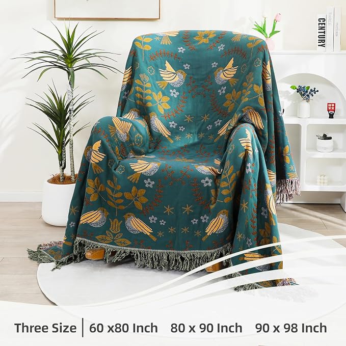 VANJOROY Boho Throw Blanket, 100% Organic Cotton Breathable Ultra Soft 80" x 90" Bed Quilt Throw - Floral Rustic Bird Farmhouse Decor Luxury Reversible Blanket for Sofa Couch Chair and Gift,Teal/Beige