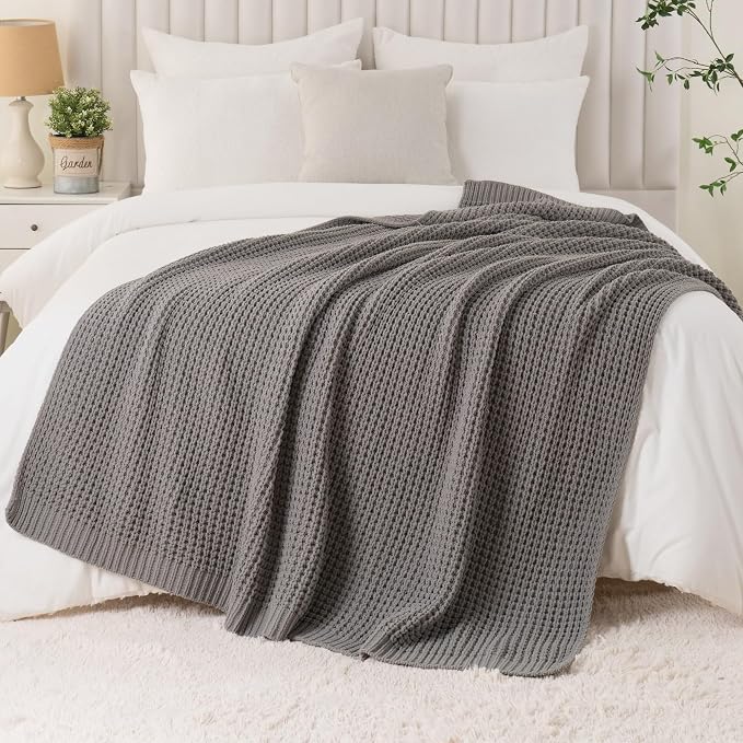 Grey Throw Blanket for Couch, Soft Knitted Chenille Throw Blanket 60"x80" | Chunky Waffle Knit Throw Blanket, Light Gray Throw Blanket for Bed Sofa Living Room, Modern Farmhouse Knitted Style