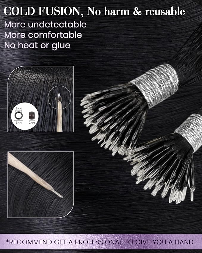 LaaVoo Nano Hair Extensions Human Hair Jet Black Nano Bead Hair Extension Black Nano Ring Extensions Real Human Hair 14 inch 50s 50g