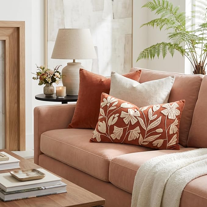 Lumbar Pillow Cover 12x20 Inch, Rust Terracotta Floral Tufted Velvet Decorative Accent Pillow Case for Sofa Bed Living Room, Cover Only