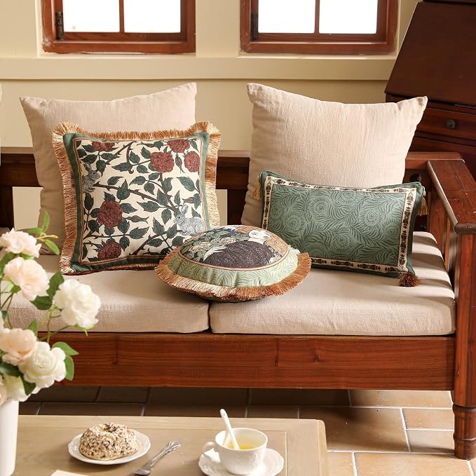 patdrea Designer Throw Pillow Covers Set of 2,French Elegant Green Linen with Curly Grass and Floral Pattern Pillow Covers,Decorative Lumbar Pillowcases Cushion for Bed Living Room Outdoor,12"x20"