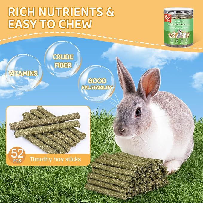 52Pcs Rabbit Chew Sticks, Guinea Pig Toys, Natural Timothy Hay Teeth Stick