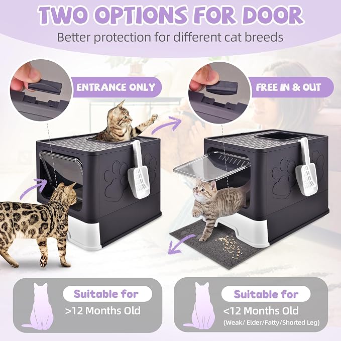 Covered Cat Litter Box, Extra Large Drawer Design with Dual Entry, Purple | 13L litter capacity, adjustable door, leakproof structure, cleaning accessories, complimentary cat litter mat