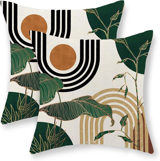 Boho Green Pillow Covers 18x18 Set of 2 Green Gold Leaf Tropical Mid Century Throw Pillows Outdoor Bohemian Modern Decorative Pillowcase Farmhouse Linen Cushion Case for Couch Sofa Decor