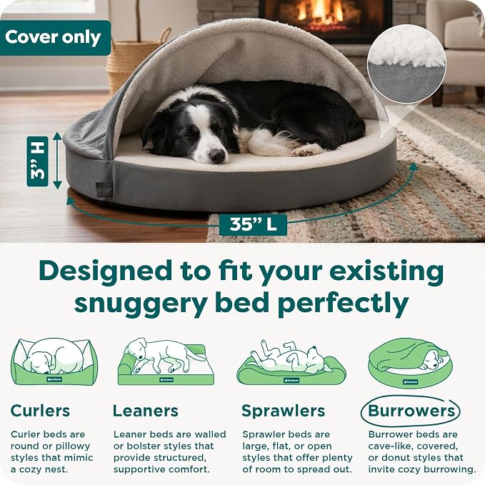 FurHaven Replacement Dog Bed Cover for Sherpa & Suede Snuggery, Fits Cool Gel-Top Foam Beds & Solid Orthopedic Foam Beds, Machine Washable, Large (35 inch), Gray