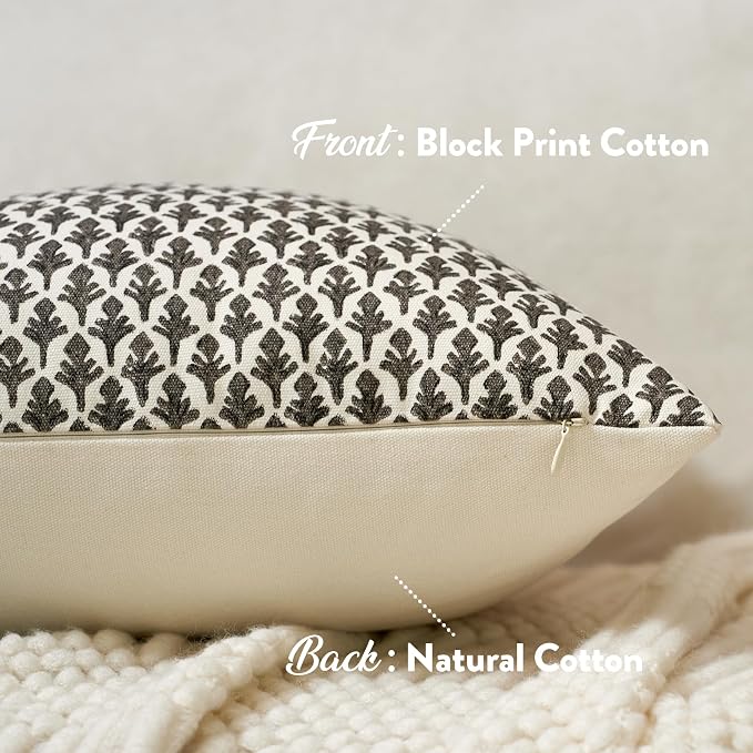 FIOUOVO Floral Pillow Covers 18x18 Pillow Cover Block Print Couch Pillows for Living Room Decorative Neutral Accent Throw Pillow Covers, 1PC, Charcoal Black