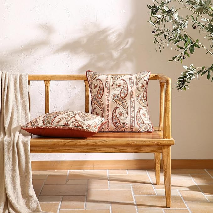 Vintage Linen Throw Pillow Cover,Set of 2,20"x12"-Chauffrey A | Designer Elegant Rectangle Pillow Cover,Concealed Zipper Design,Cashew Pattern,Sofa,Bedroom,Living Room,Lounge Chairs