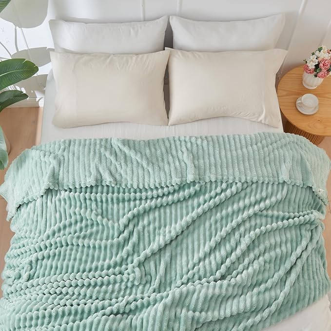 NEWCOSPLAY Fleece Ribbed Cozy Twin Blanket for Couch, Mint Green, 60"x80" | Premium Silky Flannel Blanket, Soft Lightweight Fluffy Throw Blanket for Bed Sofa Decor, Gift for All Season Use