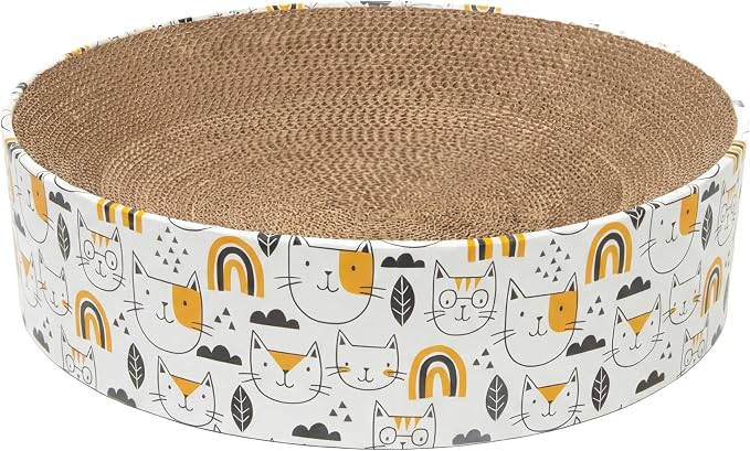 Kitty City Cat Print Corrugate Scratcher Bed - Round Lounger Scratch Pad with Corrugated Cardboard, Horizontal Nail File Surface, Indoor Kitty Furniture, Cat Enrichment, Sleep, & Play, 15.5” x 15.5”
